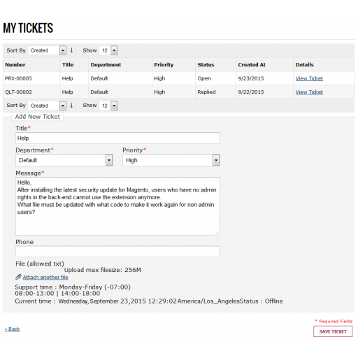 Magento Help desk user tickets on the frontend